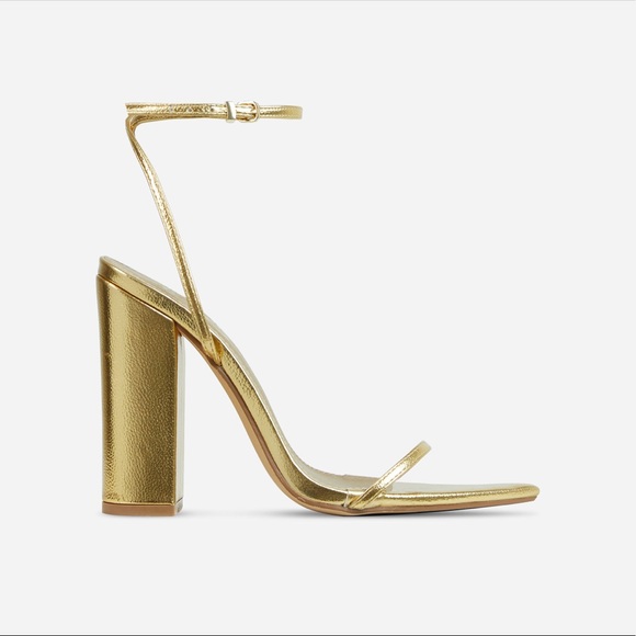 Ego Shoes COMPASS ANKLE STRAP POINTED TOE BLOCK HEEL IN GOLD l FAUX LEATHER - Picture 2 of 5